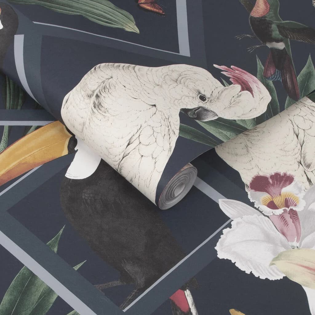 Papel de Colgadura Pájaros, Combinado con Geometría Fondo Azul Marino Rollo de 5,2m²